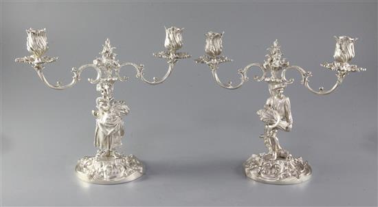 A pair of 1970s cast silver two branch, two light candelabra by Mappin & Webb, 104.6 oz.